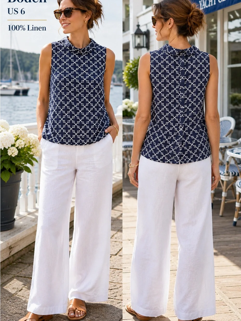 Boden 100% Linen Sleeveless Button Back Top Navy White Print US 6 UK 10 coastal - Picture 13 of 13